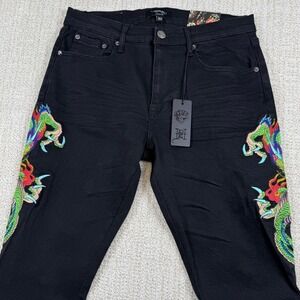 NEW Ed Hardy Mens 30x38 Black Dragon Embroidered Stacked Bootcut Stretch Jeans